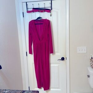 Hot pink velvet dress with hot pink belt. Gold buckle.